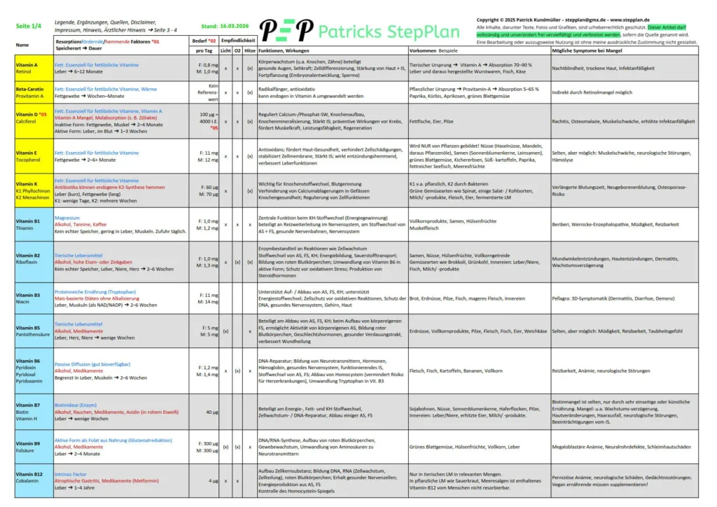 Das Bild zeigt einen Ausschnitt einer vierseitigen Nährstoffliste mit Makro- und Mikronährstoffen. Enthalten sind Informationen zu resorptionsfördernden und -hemmenden Faktoren, Speicherort und -dauer, täglichem Bedarf, Empfindlichkeit gegenüber Licht, Sauerstoff und Hitze sowie zu Funktionen, natürlichen Vorkommen und Mangelerscheinungen.