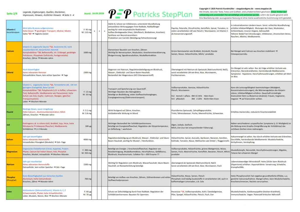 Das Bild zeigt einen Ausschnitt einer vierseitigen Nährstoffliste mit Makro- und Mikronährstoffen. Enthalten sind Informationen zu resorptionsfördernden und -hemmenden Faktoren, Speicherort und -dauer, täglichem Bedarf, Empfindlichkeit gegenüber Licht, Sauerstoff und Hitze sowie zu Funktionen, natürlichen Vorkommen und Mangelerscheinungen.
