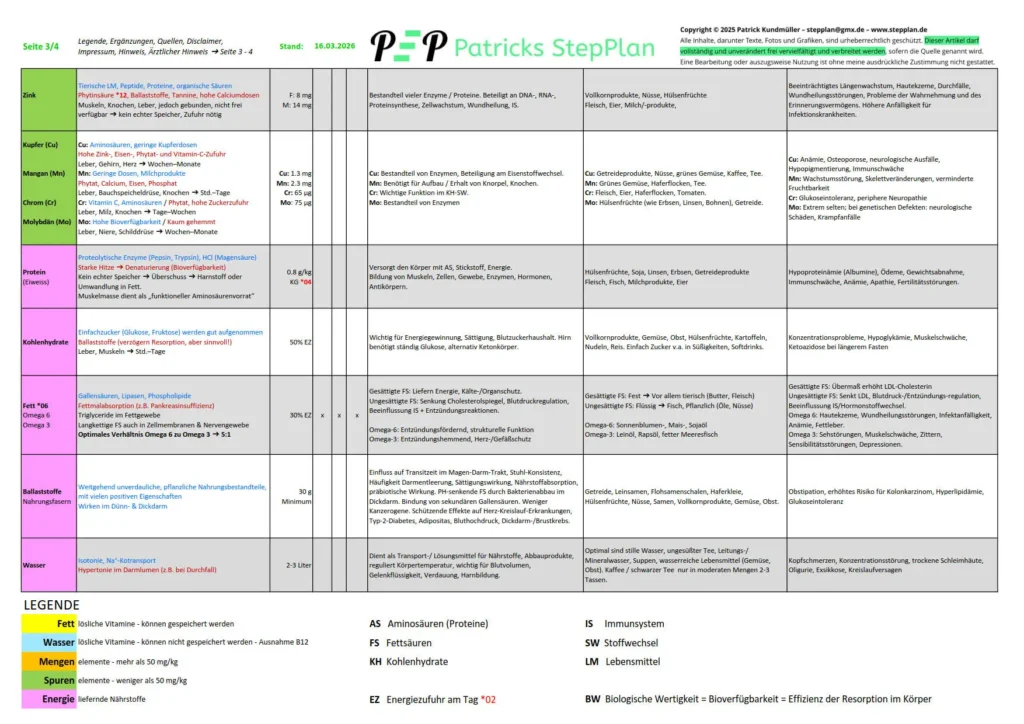Das Bild zeigt einen Ausschnitt einer vierseitigen Nährstoffliste mit Makro- und Mikronährstoffen. Enthalten sind Informationen zu resorptionsfördernden und -hemmenden Faktoren, Speicherort und -dauer, täglichem Bedarf, Empfindlichkeit gegenüber Licht, Sauerstoff und Hitze sowie zu Funktionen, natürlichen Vorkommen und Mangelerscheinungen.