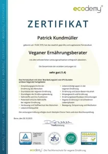 Das Bild zeigt das Abschluss Zertifikat von Patrick Kundmüller als veganer Ernährungsberater.