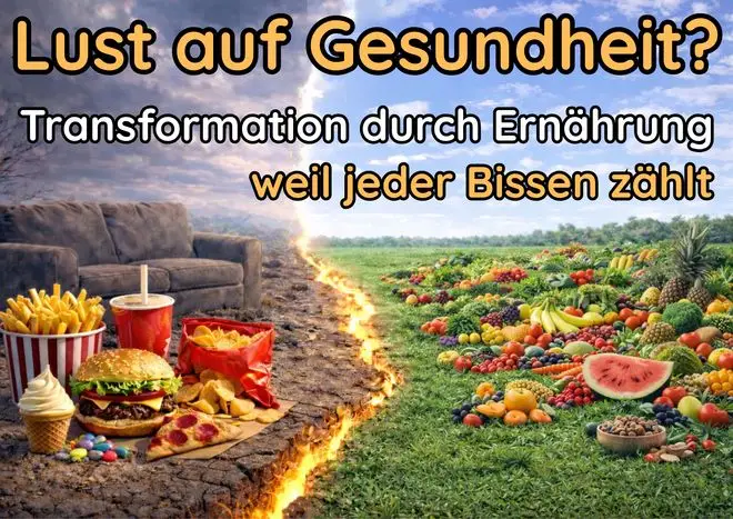 Das Bild zeigt einen starken Kontrast zwischen ungesundem und gesundem Lebensstil: Links dominieren Fast Food, graue Umgebung und Trägheit, rechts leuchten frische Früchte und Gemüse in einer grünen, lebendigen Landschaft. Eine feurige Spalte trennt beide Welten und symbolisiert den Weg der Transformation durch Ernährung.