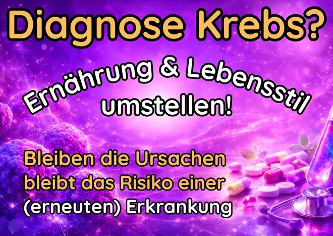Das Bild zeigt eine kräftige violette Fläche mit medizinischen Symbolen wie Krebszellen, Tabletten, Stethoskop und Reagenzglas. Im Zentrum steht ein deutlicher Hinweis auf Krebsdiagnose sowie die Bedeutung von Ernährungs‑ und Lebensstiländerungen, verbunden mit der Aussage, dass unveränderte Ursachen das Risiko weiterer Erkrankungen erhöhen.