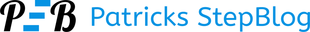 Das Bild zeigt das Logo von Patricks StepBlog mit blauem Text rechts neben dem Logo. Logoschrift ist schwarz, Steps sind blau.
