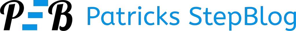 Das Bild zeigt das Logo von Patricks StepBlog mit blauem Text rechts neben dem Logo. Logoschrift ist schwarz, Steps sind blau.