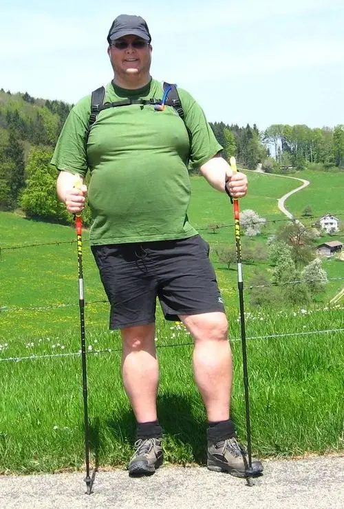 Das Bild zeigt eine übergewichtige Person mit zwei Trekkingstöcken, auf einer Tages-Wanderung, umgeben von grünen, blühenden Wiesen und grünen Hügeln und Wäldern im Hintergrund.