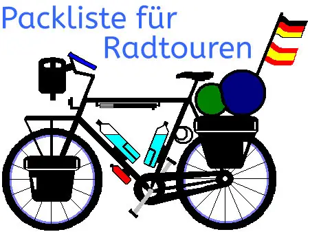 Das Bild zeigt ein Reiserad von der Seite, das mit verschiedenen Zubehörteilen ausgestattet ist, z.B. Lenkertasche, Packtaschen vorne und hinten, 2 Wasserflaschen, eine Benzinflasche. Hinten am Fahrrad wehen 2 kleine Fahnen.