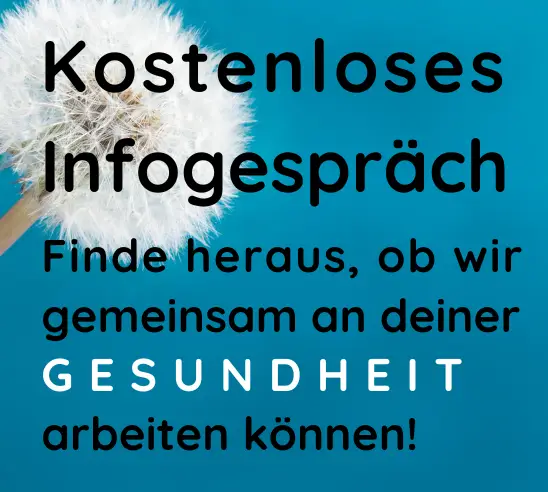 Das Bild zeigt eine Pusteblume vor einem blauen Himmel, mit dem Text: Kostenloses Infogespräch. Finde heraus, ob wir gemeinsam an deiner Gesundheit arbeiten können.